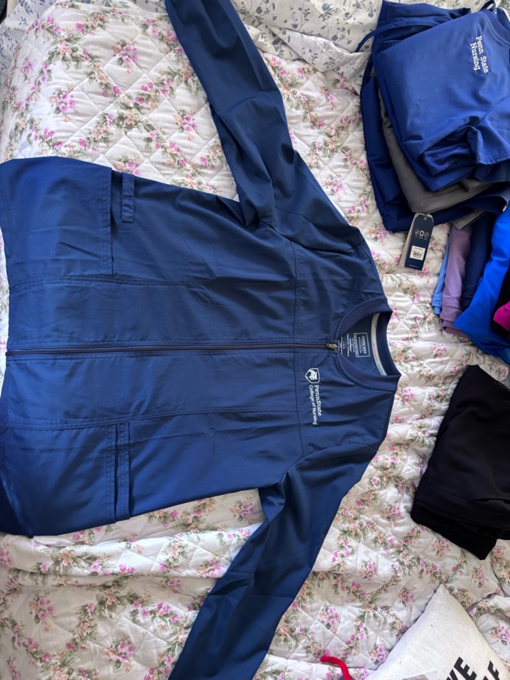 Cherokee Navy Zip Scrub Medical Jacket with Embroidered Penn State Nursing Logo